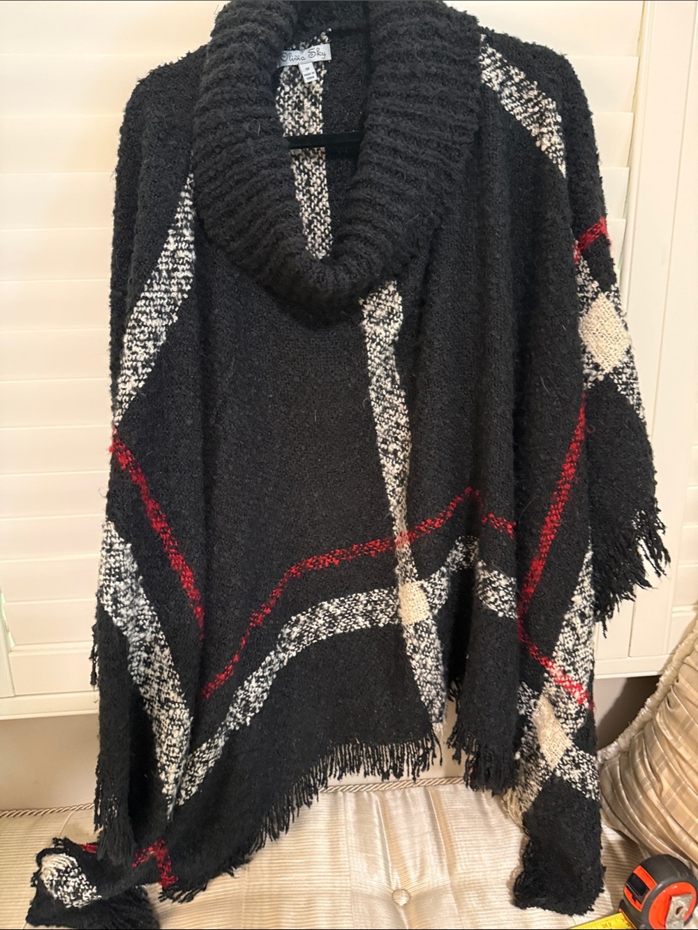 Olivia Sky Black Plaid Shawl-Collar Poncho with Red & Cream Accents